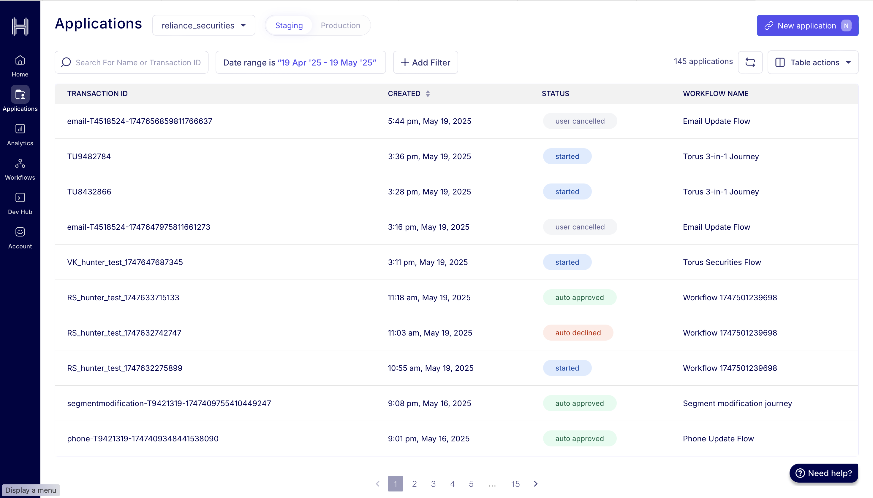 Applications table view
