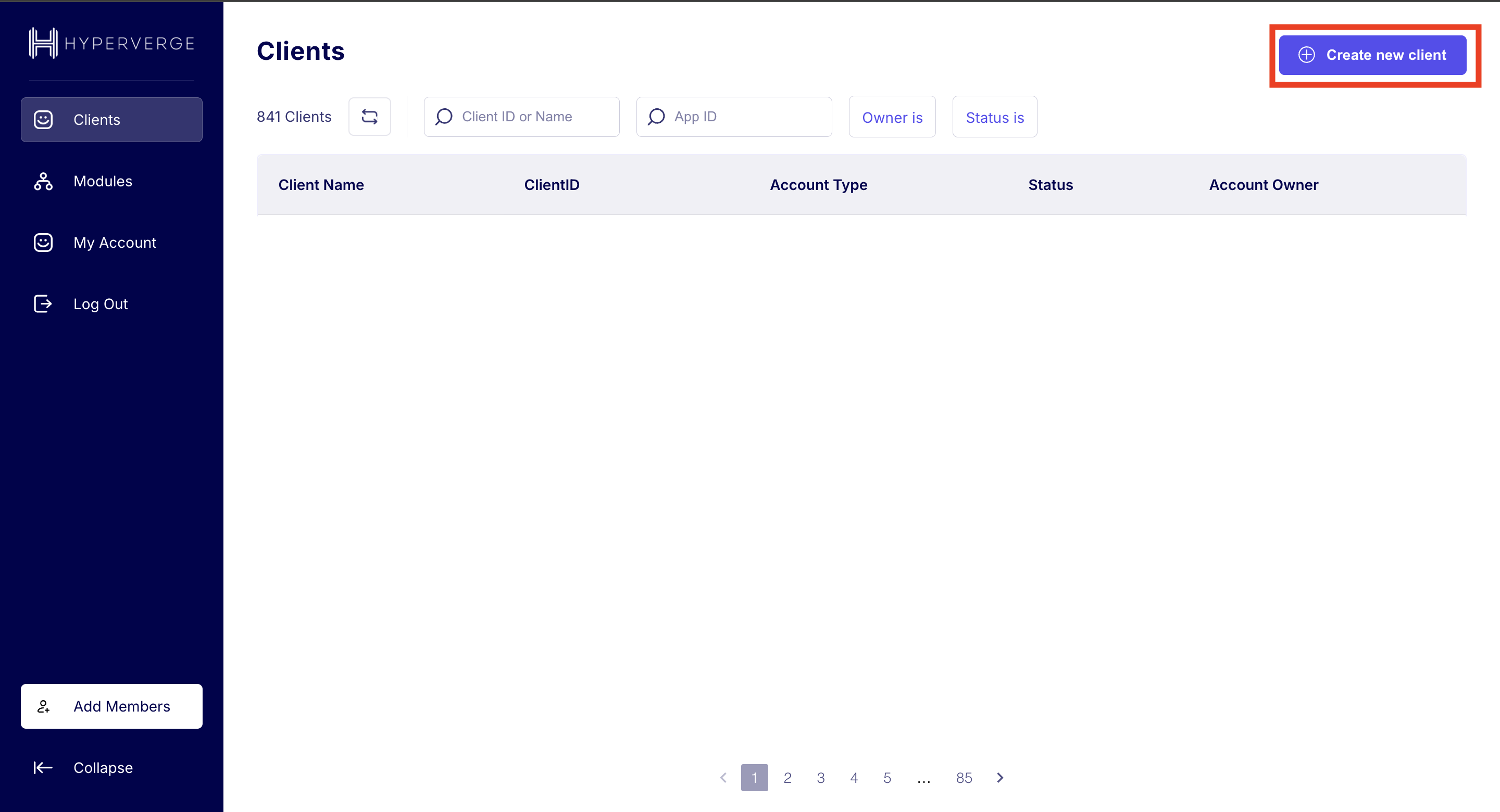 Admin dashboard home showing the Create New Client button